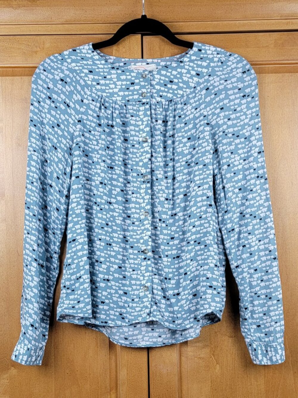 Anthropologie Blue Green Pleated Button Down Polar Bear Blouse - 0